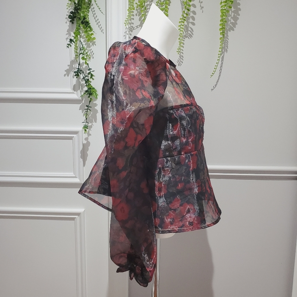 Floral Organza Puff Sleeve Babydoll Top - Picture 5 of 15